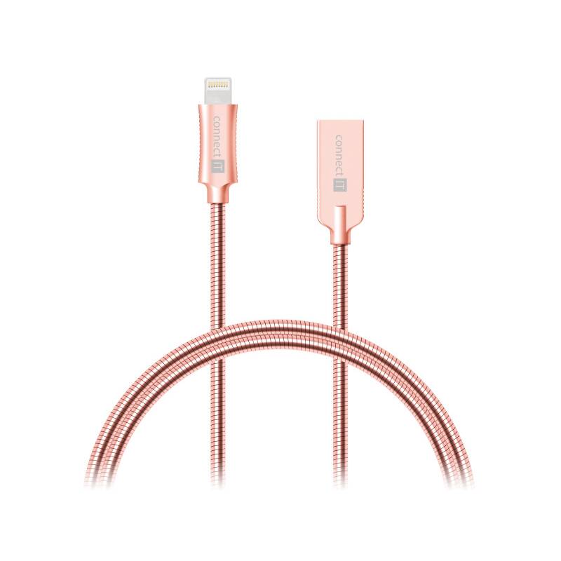 Kábel Connect IT Wirez Steel Knight USB/Lightning, ocelový, opletený, 1m (CCA-4010-RG) ružový/zlatý