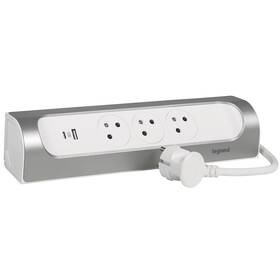 Kabel prodlužovací Legrand 3x zásuvka, USB, 1m (L049406) bílý/hliník