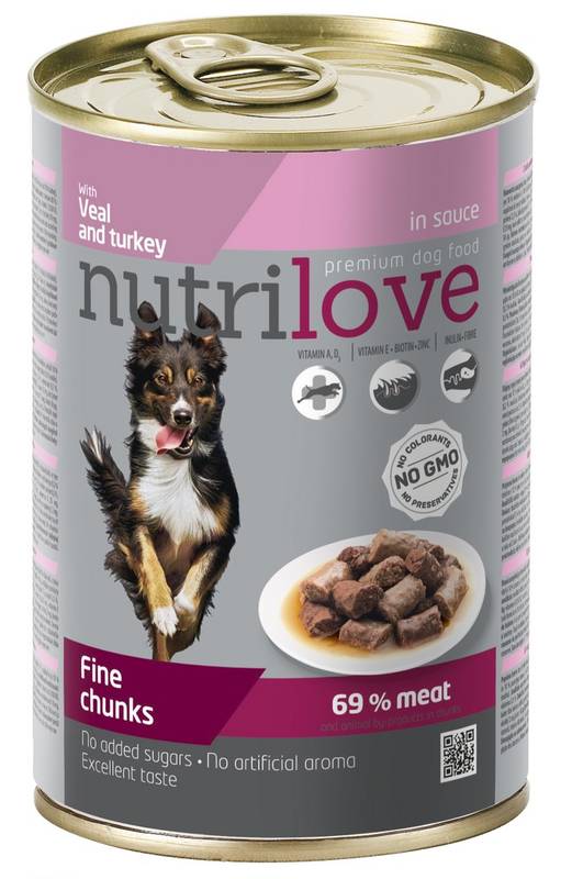 Obrázok Nutrilove Dog chunks Veal + Turkey sauce 415g