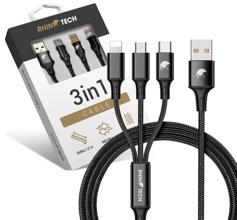 Obrázok RhinoTech 3v1, USB/Micro USB, Lightning, USB-C, 1,2 m (RTACC321) čierny