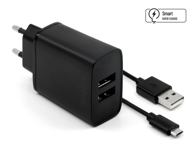 Obrázok Set síťové nabíječky FIXED s 2xUSB výstupem a USB/micro USB kabelu, 1 metr, 15W Smart Rapid Charge, černá