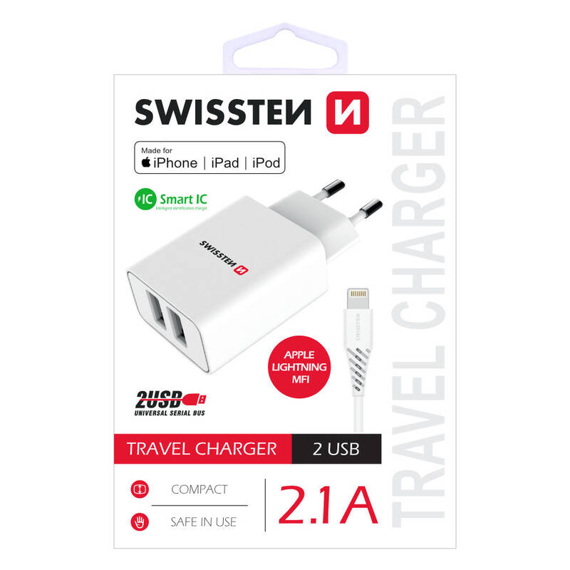 Obrázok Swissten 2x USB 2,1 A + Lightning kabel 1,2 m, MFi (22055000) biela