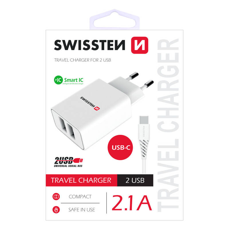 Obrázok Swissten 2x USB 2,1 A + USB-C kabel 1,2 m (22053000) biela