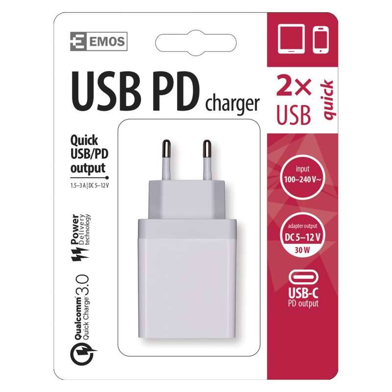 Obrázok EMOS USB, USB-C PD, QC 3.0, 1,5–3,0A (30W) max. (1704012000) biela