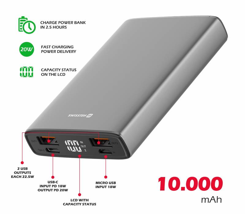 Obrázok Swissten Aluminium 10000 mAh 20W (22013915) sivá