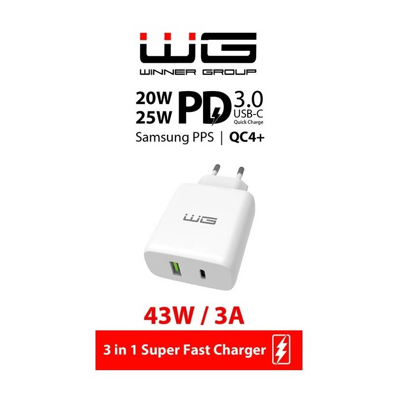 Obrázok WG USB QC 4+ 25W, USB-C PD 18W (9640) biela