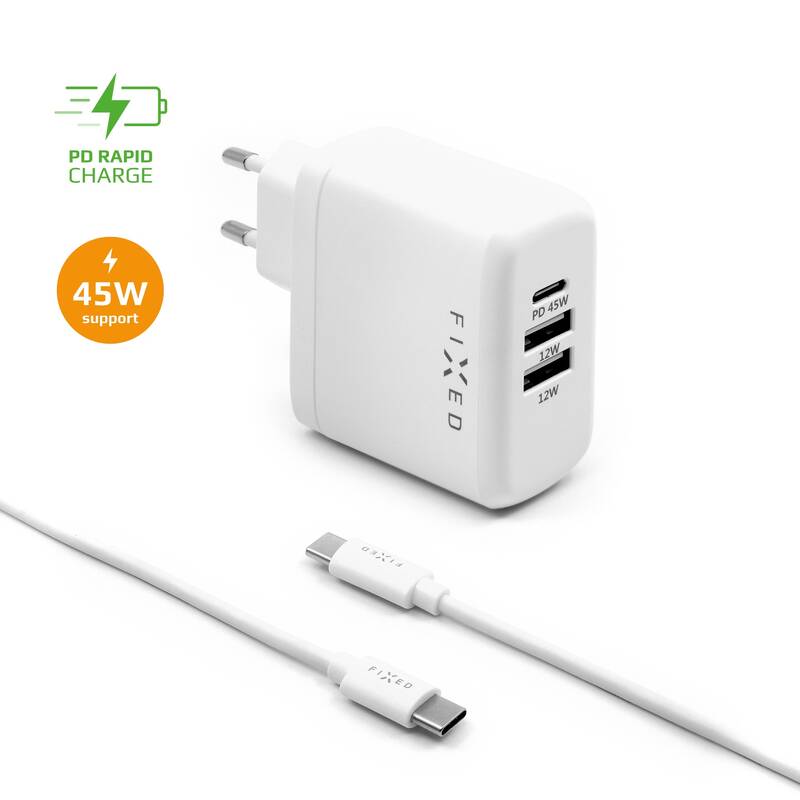 Obrázok FIXED USB-C PD, 2x USB 2.0, 45W + USB-C kabel 1m (FIXC45-CC2U-WH) biela