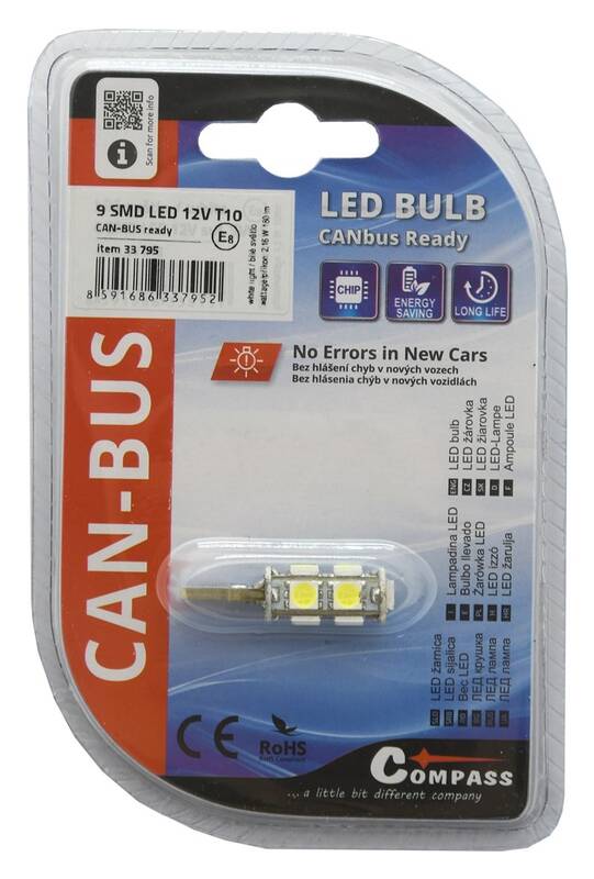 Obrázok Žárovka 9 SMD LED 12V T10 s rezistorem CAN-BUS ready bílá, COMPASS