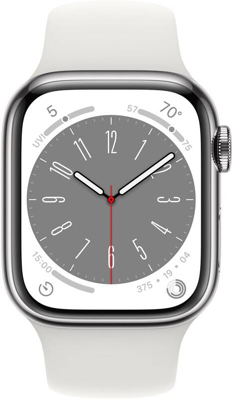 Obrázok Apple Watch Series 8 GPS + Cellular 41mm puzdro zo striebornej nerezovej ocele - biely športový remienok (MNJ53CS/A)