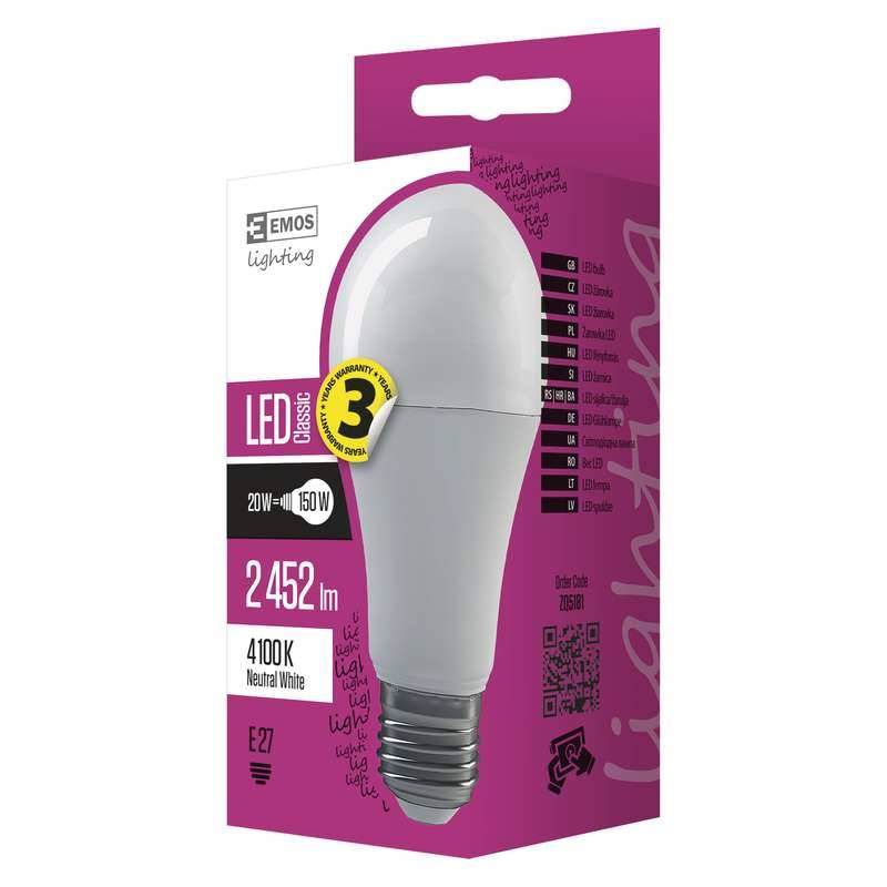 Obrázok EMOS LED žárovka Classic A67 20W E27 neutrální bílá (1525733404)