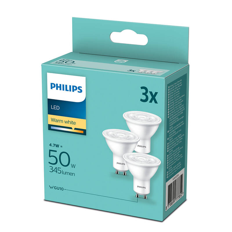 Obrázok Philips bodová, 4,7W, GU10, teplá bílá, 3ks (8718699777852)