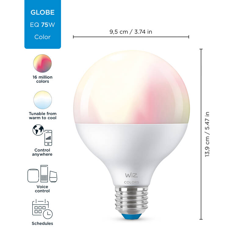 Obrázok Wiz Colors 8718699786359 inteligentná LED žiarovka E27 | 1x11W | 1055lm | 2200-6500K | RGB - tvar globe