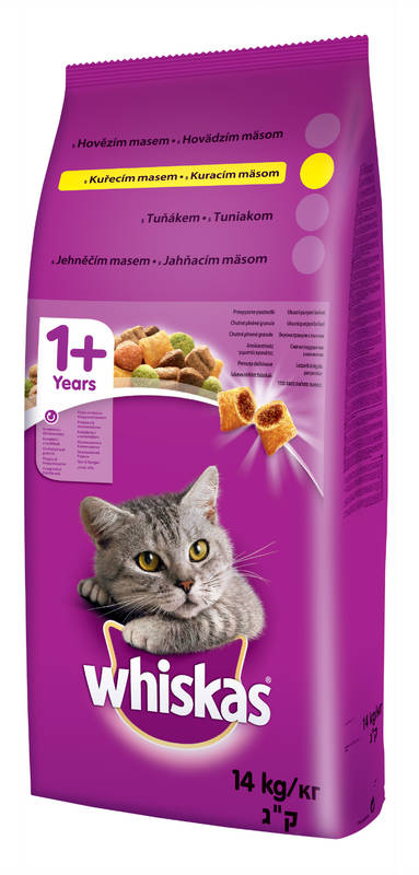 Obrázok Granule Whiskas Dry s kuřecím,zelen. a polštářky s nápní 14kg 13936