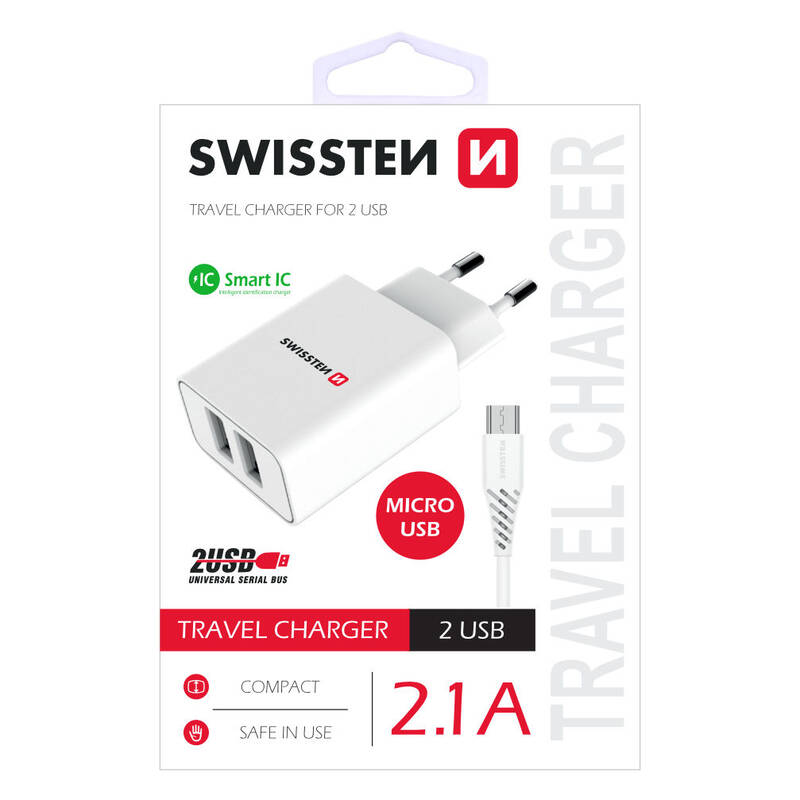 Obrázok Swissten 2x USB 2,1 A + Micro USB kabel 1,2 m (22051000) biela