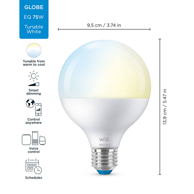 Obrázok Wiz Tunable white 8718699786335 inteligentná LED žiarovka E27 | 1x11W | 1055lm | 2700-6500K - tvar globe