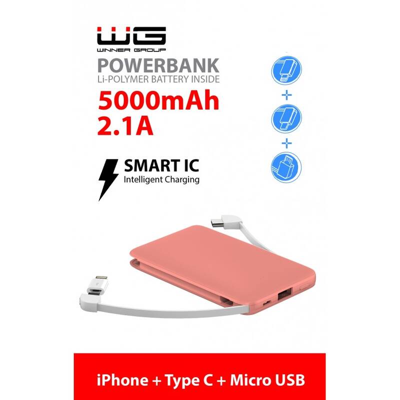 Obrázok WG 5000 mA, zabudovaný Micro a USB-C kabel, lightning redukce (7811) ružová