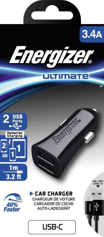 Obrázok Energizer 2x USB 3,4A s USB-C kabelem (DCA2CUC23) čierny