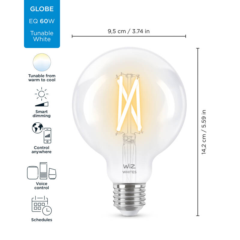 Obrázok Wiz Tunable white 8718699786694 inteligentná LED filamentová žiarovka E27 | 1x6,7W | 806lm | 2700-6500K - tvar globe