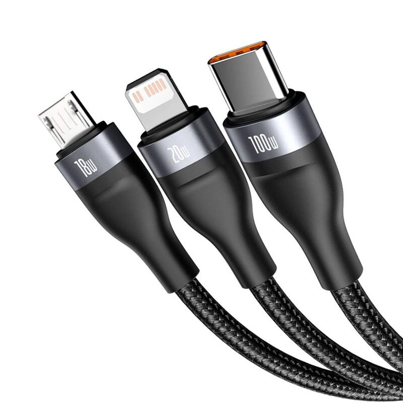 Obrázok Baseus Flash Series 3v2 nabíjecí / datový kabel USB/USB-C na MicroUSB + Lightning + USB-C 100W 1,2m, šedá-černá, CA2T3-G1