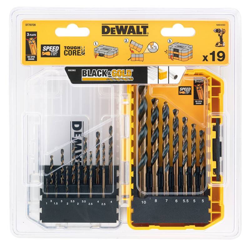 Obrázok DeWALT – 19-dielna sada vrtákov do kovu Black & Gold 1, 1,5, 2× 2, 2× 2,5, 2× 3, 2× 3,5, 2× 4, 2× 5, (DT70728-QZ)